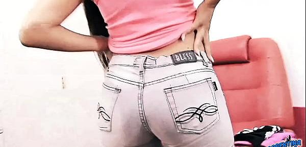  Big Ass and Fat Cameltoe Latina Wearing G-string and Tight Denim Shorts